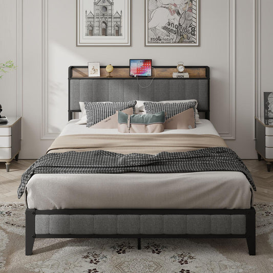 Full Metal Bed Frame with Charging Port, Queen-Size