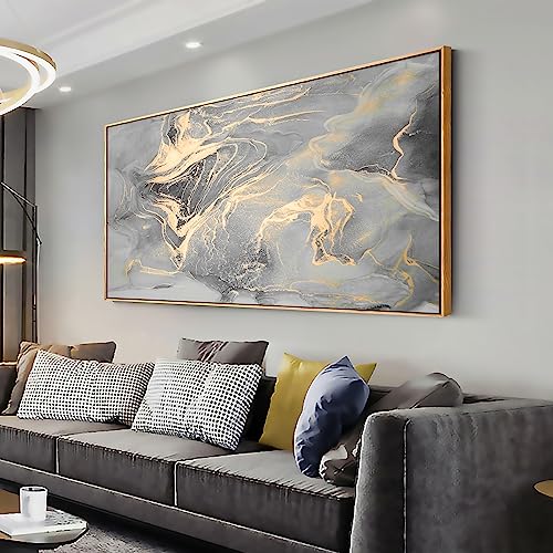 Modern Abstract Canvas Painting Gray Gold Wall Decor- Fluid Ink Artwork, 20"x40" with Frame