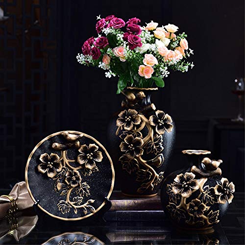Classic Ceramic Vase Set of 3, with 3D Flower (Black)