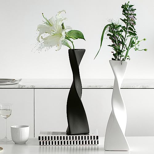Modern Tall Twisted Ceramic Flower Vases Set of 2, 16" Slender Skinny, Black/White for Home Living Room,  Wedding or Farmhouse Decor