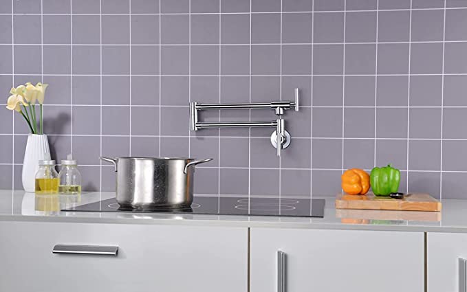 Pot Filler Faucets Wall Mount, Double-Jointed Swing and Dual Shut-Off Levers