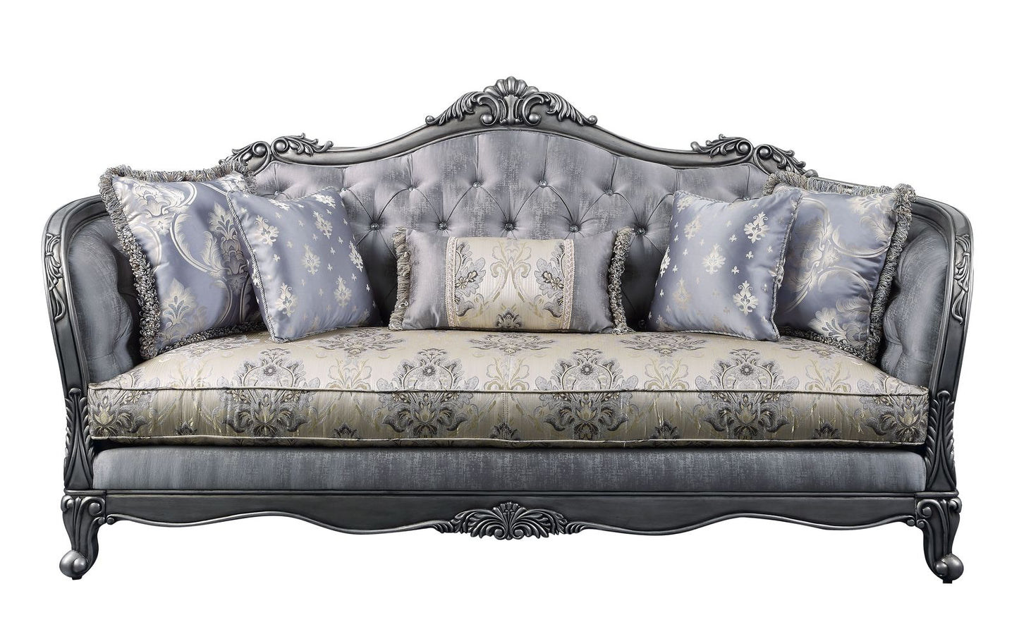 Ariadne Sofa w/5 Pillows, Fabric & Platinum