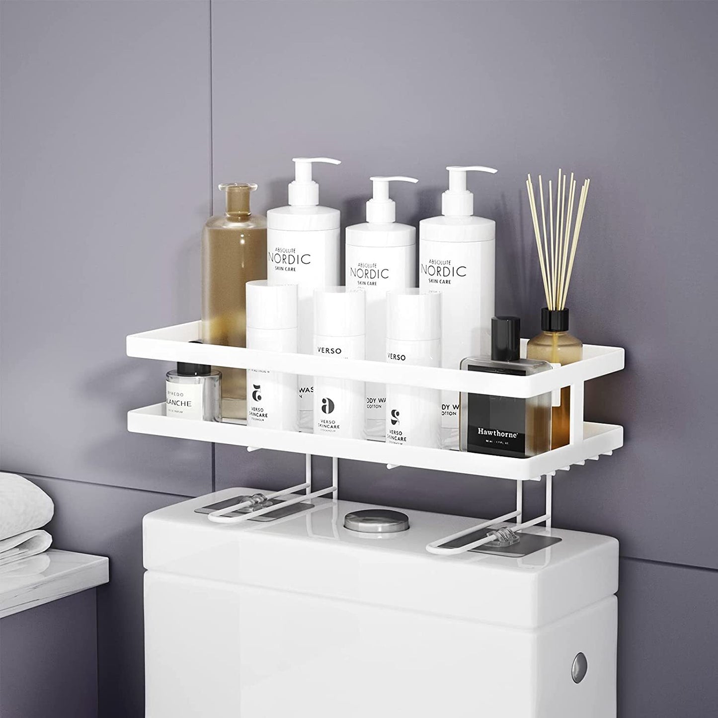 Over The Toilet Storage, Bathroom Organizer Shelves, Multifunctional Toilet Rack with Adhesive Base and Hooks