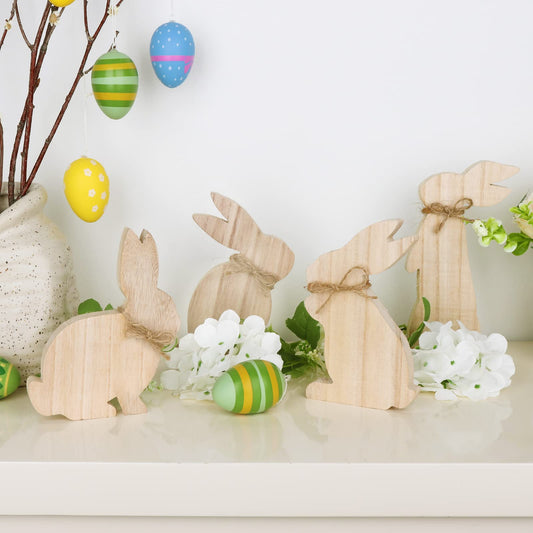 Farmhouse Rustic Freestanding Easter 4 pcs Easter Bunny Natural Wooden Table Centerpiece Signs Decor Tabletop for Home Tiered Tray