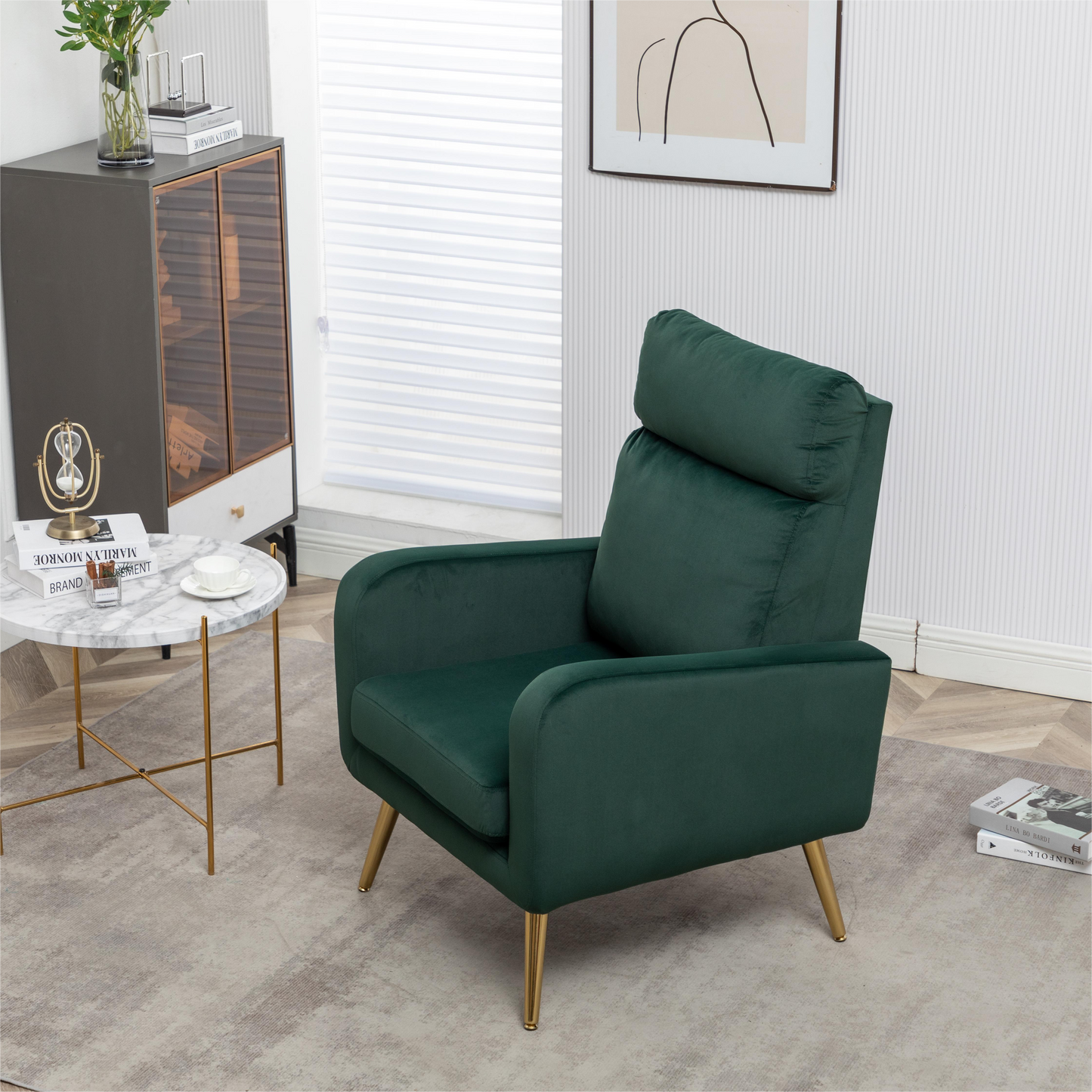 Modern Upholstered Velvet Accent Chair with High Wingback, Mid Century Comfy Padded Armchair High Back Rest, Metal Leg