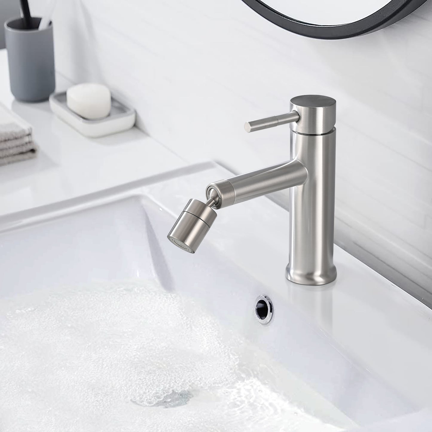 Brushed Nickle Bathroom Sink Faucet  2 Mode with 360° Rotating Aerator