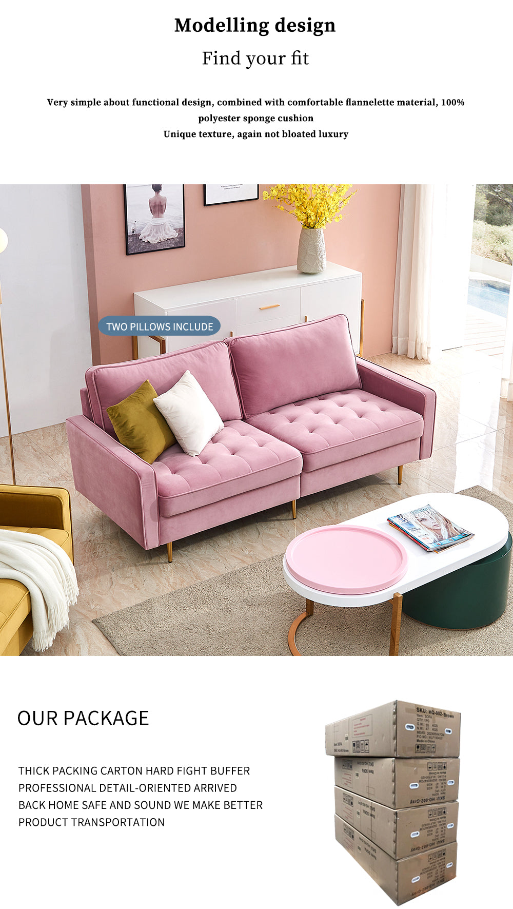 Modern Velvet fabric sofa 71" - Pink
