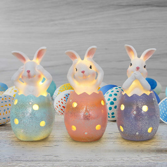 Lighted Easter Bunny Egg Decorations, Hear, See, Speak No Evil Easter Rabbit Figurines, Tabletop Resin Figurine Centerpiece for Easter Home and Office Easter Decorations, Set of 3