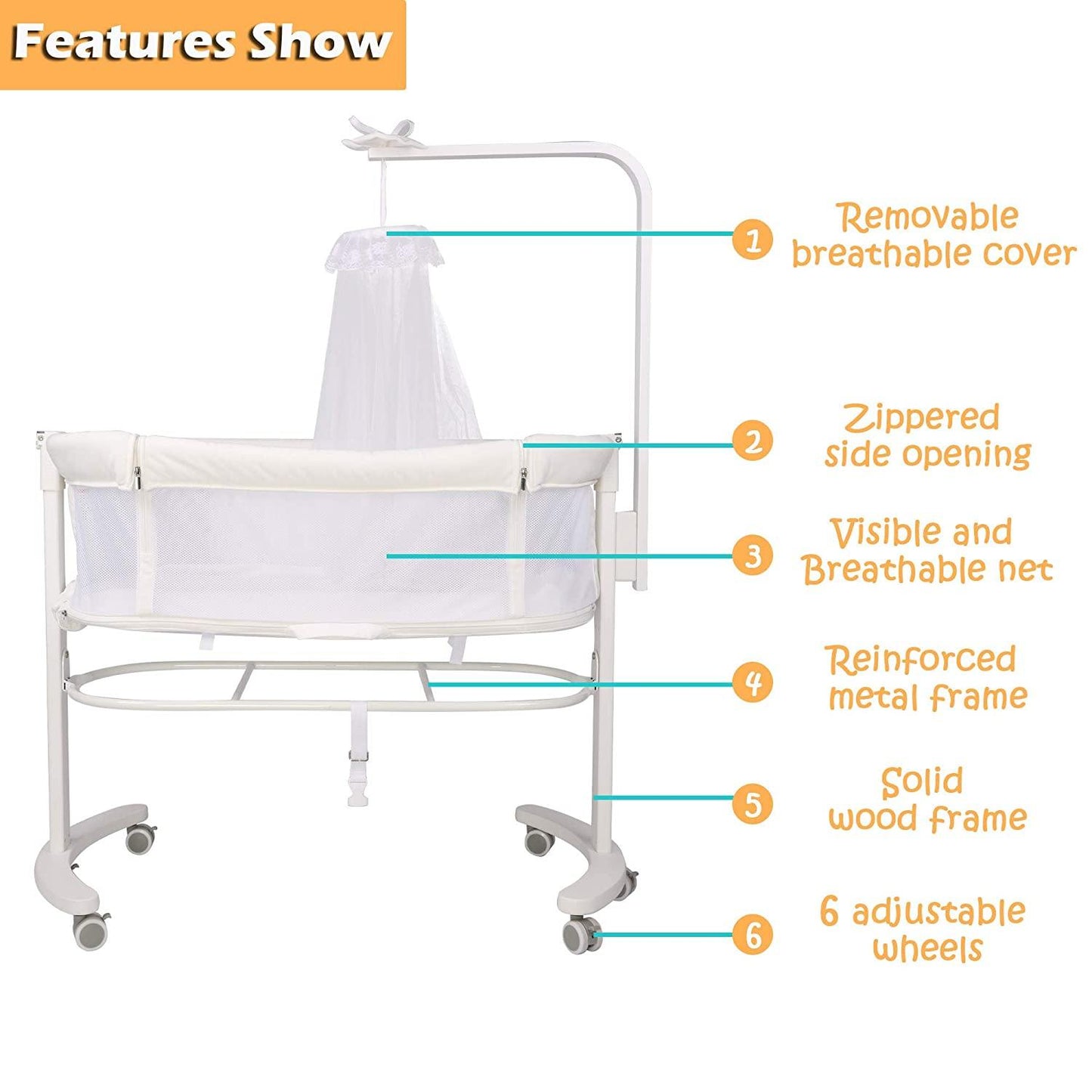 3 in 1 Baby Bedside Sleeper Bassinet Crib w/ Soft Skin-Friendly Mattress and Solid Wood and Metal Fr