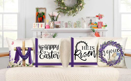 He is Risen Spring Farmhouse Holiday Easter Throw Pillow Covers 18 x 18 Inch Set of 4, Purple Cushion Case for Home Sofa Couch Decoration TH177