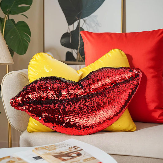 Red Lip Shaped Sequins Throw Pillow Hot, Smooth Soft Velvet Decorative Love Glitter Reversible for Couch, Bed, Living Room or Bedroom