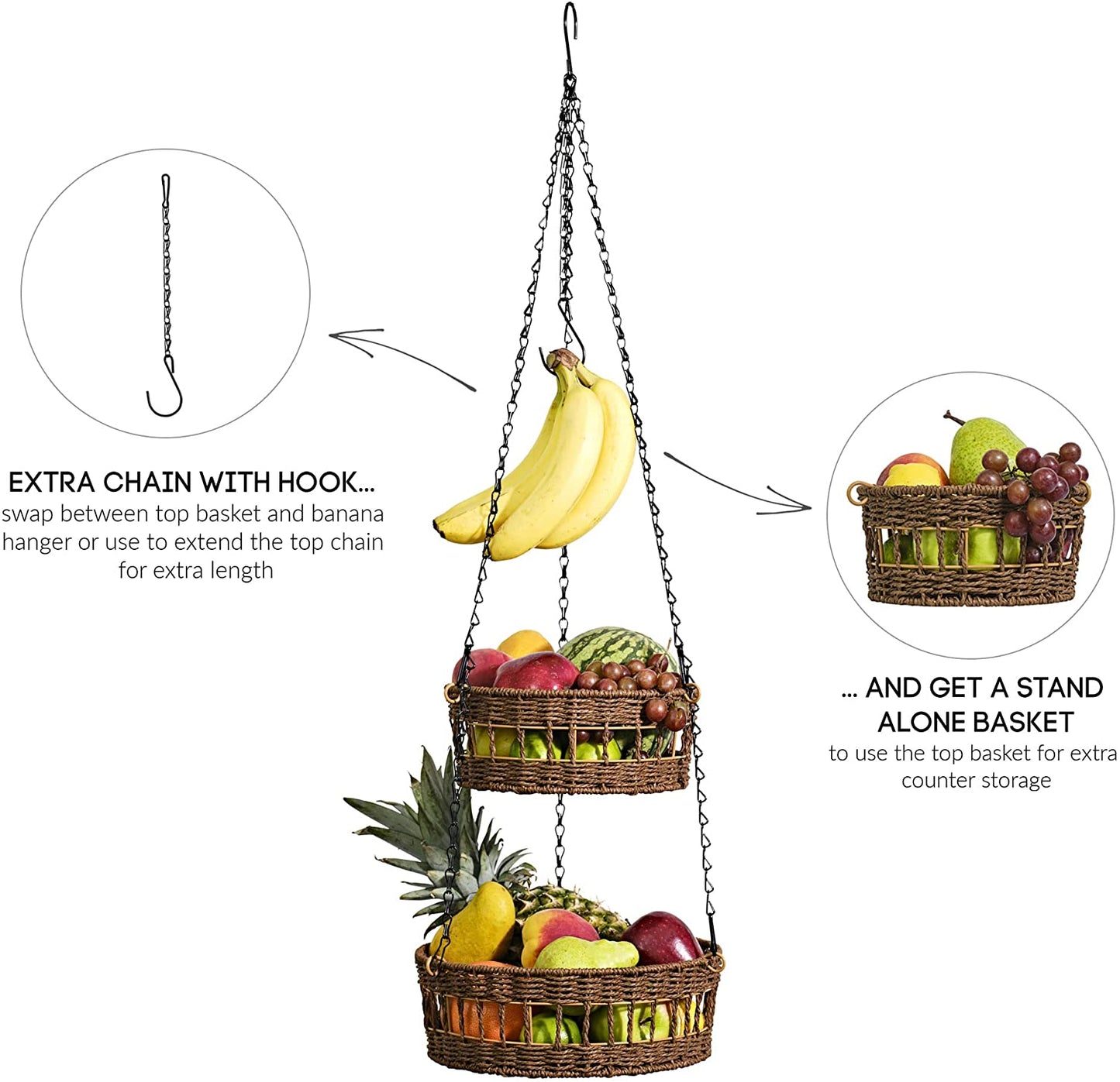 3 Tier Hanging Fruit Basket Wicker Vegetable Storage And Fruit Organizer With Banana Holders