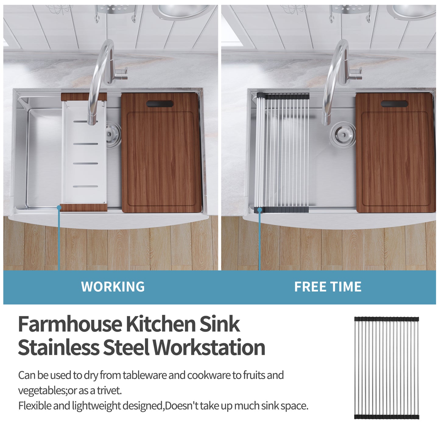 33-inch Farmhouse Single Bowl Stainless Steel Workstation  Sink 18 Gauge