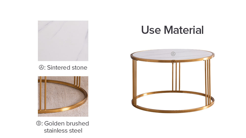 Sintered stone round coffee table with golden stainless steel frame