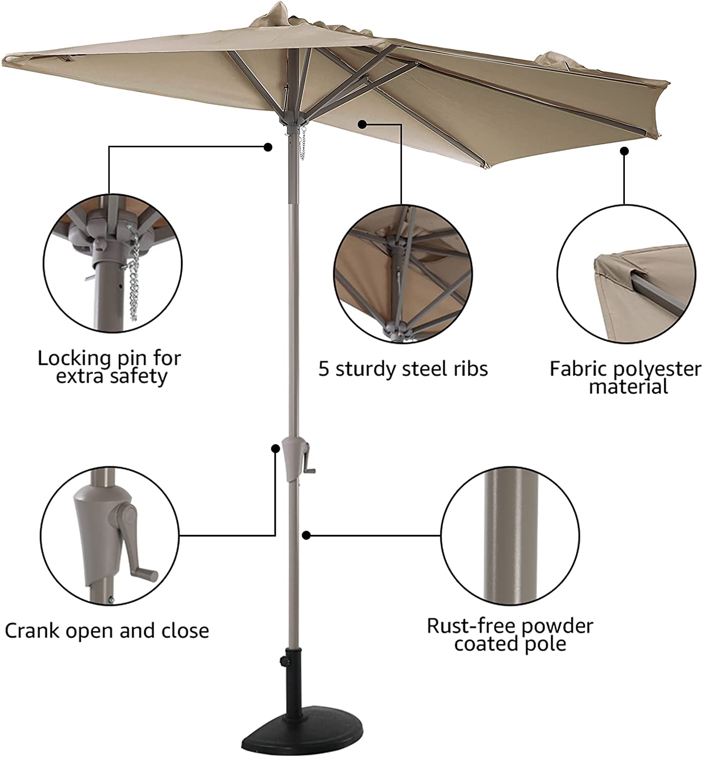 9’ Half Round Patio Outdoor Umbrella with Crank