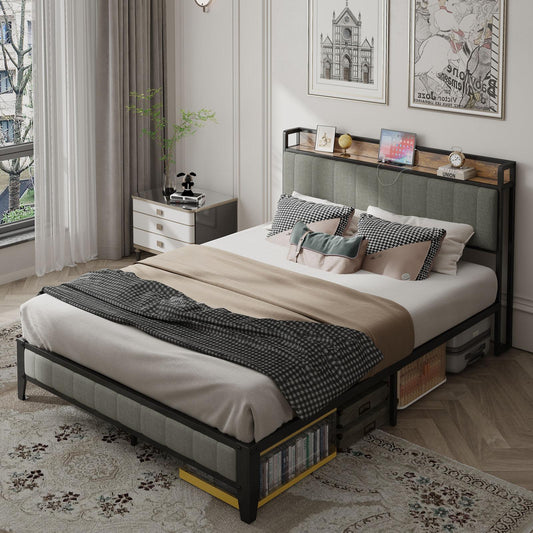 Full-Size, Full Metal Bed Frame with Charging Headboard.