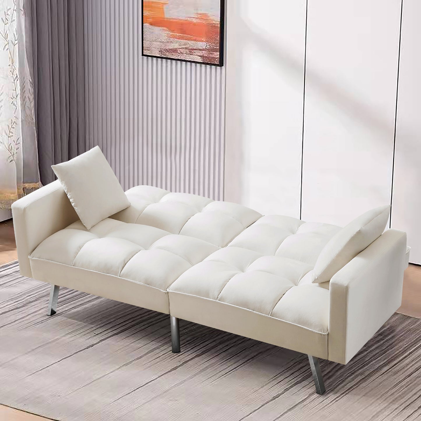 Velvet Futon Sofa Sleeper with Two Pillows