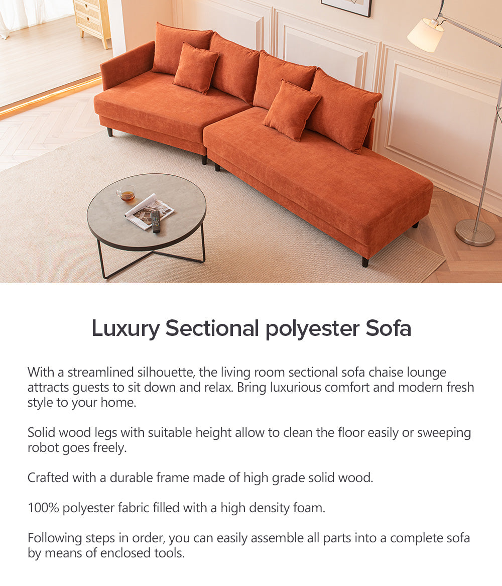 Modern Style Sectional polyester Sofa with Right Hand Facing Chaise , Orange