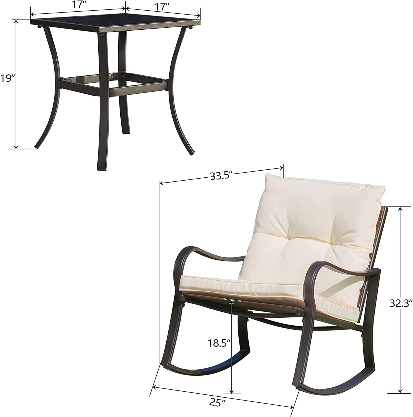 3 Piece Rocking Chair Patio Bistro Set Balcony Chairs Iron Conversation Sets With Coffee Table