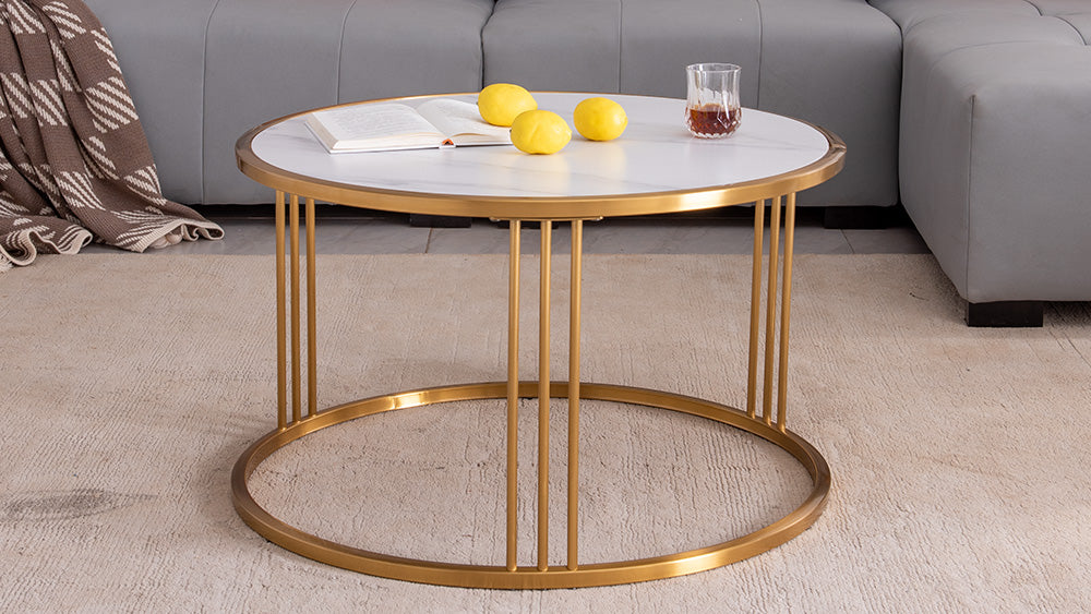 Sintered stone round coffee table with golden stainless steel frame
