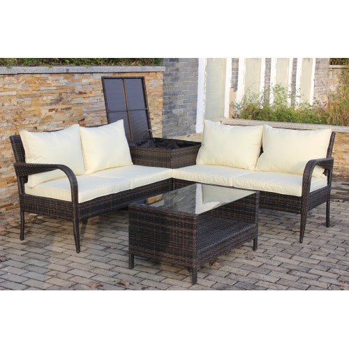 4 Piece Patio Sectional Wicker Rattan Outdoor Sofa Set with Box Brown