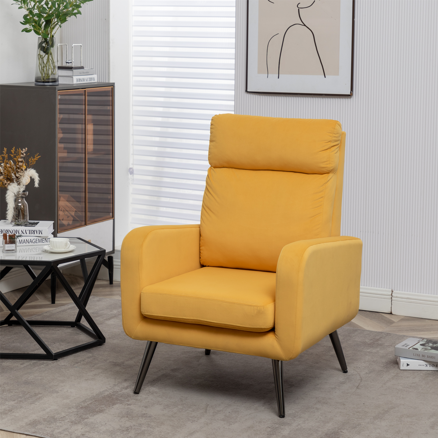 Velvet Accent Chair, Modern Upholstered Accent  Arm Chair with High Wingback, Mid Century Comfy Armchair High Back Rest, Padded Armrest Metal Leg  Bedroom Apartment Office