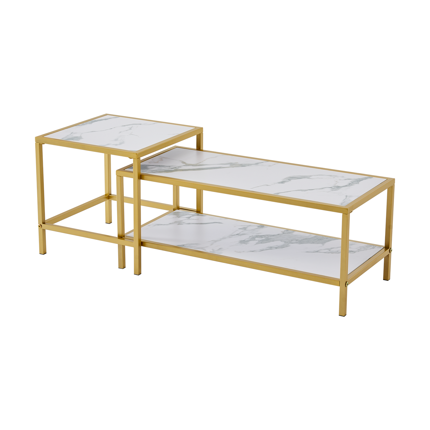 Modern Nesting coffee table Square & rectangle,Golden metal frame with wood marble color top