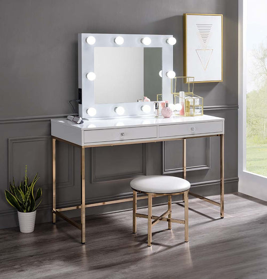 Vanity Desk in White High Gloss & Gold Finish