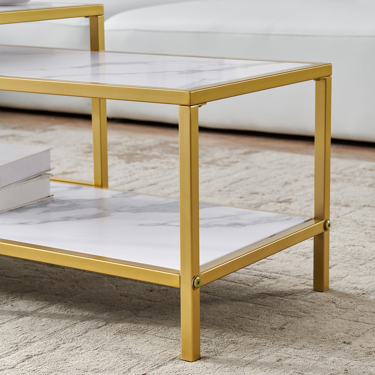 Modern Nesting coffee table Square & rectangle,Golden metal frame with wood marble color top