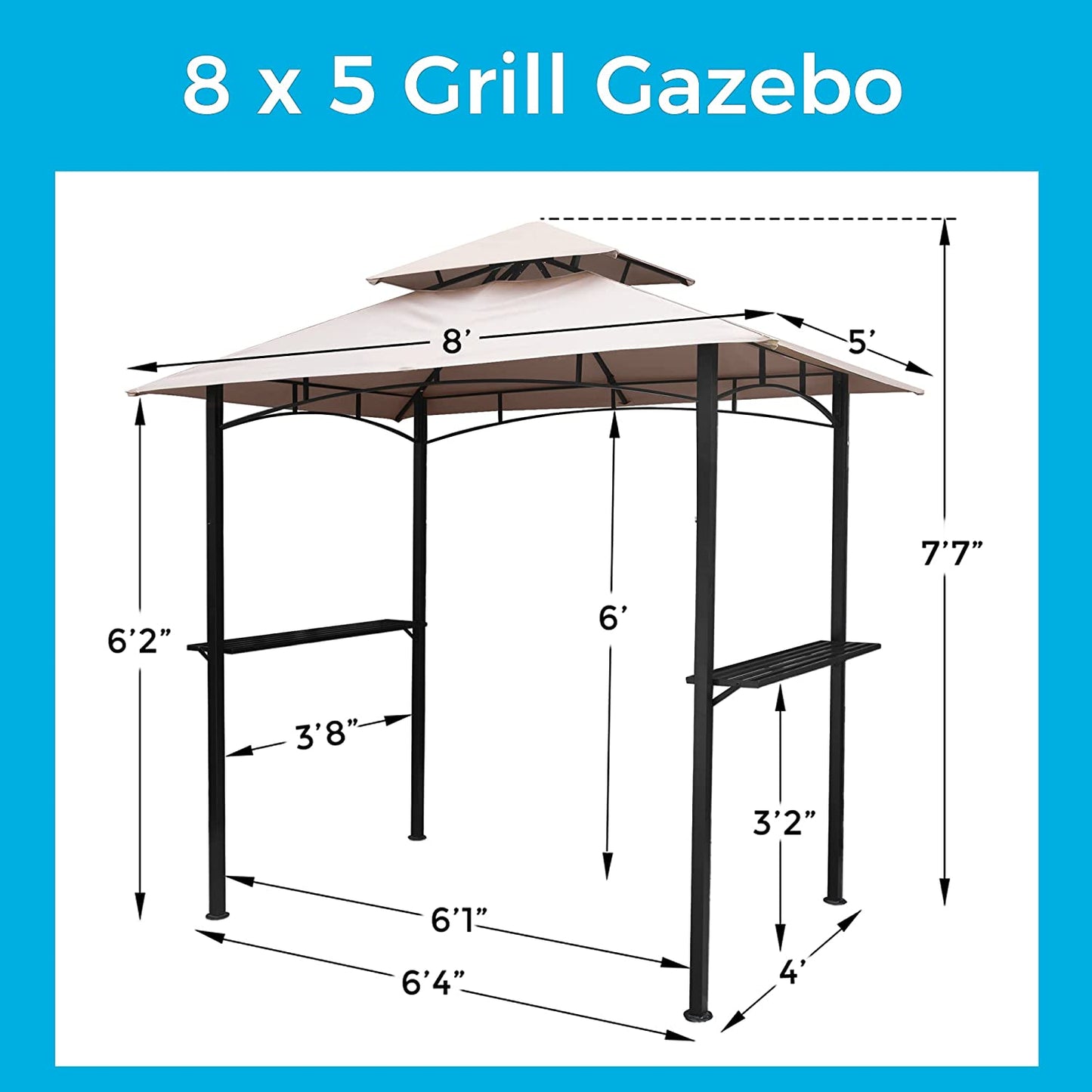 8x5  Outdoor Grill Gazebo 2-Tier Vented BBQ Canopy Steel Frame, Brown