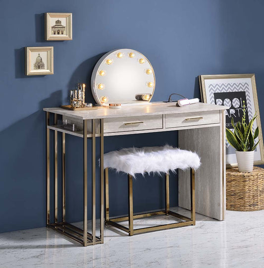 Vanity Desk with USB in Antique White & Gold Finish